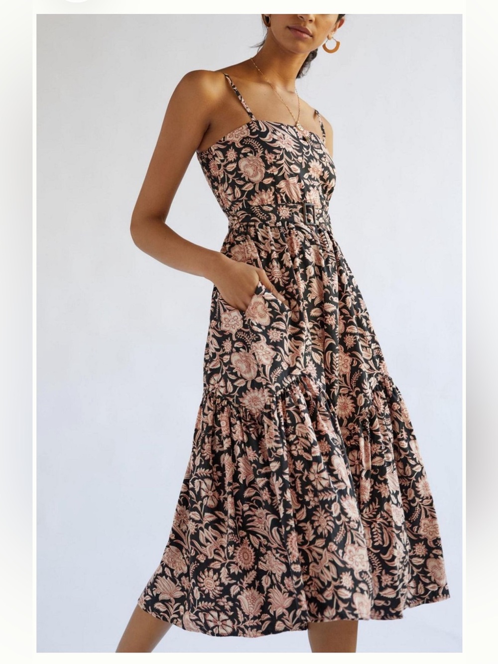 Lusana Anthropologie Floral Midi Dress Black Motif XS Smocked Belted